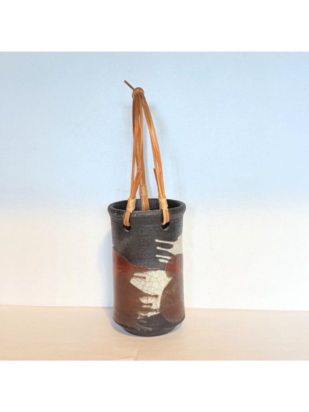 Warren Andrade Raku Pottery Vase 1999 Bamboo Handle Hawaii Artist 12"H w/ handle - Picture 2 of 8